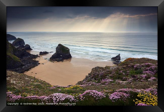 Shafts of light over the Bedruthan Steps Framed Print by Andrew Ray