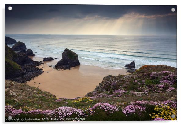 Shafts of light over the Bedruthan Steps Acrylic by Andrew Ray