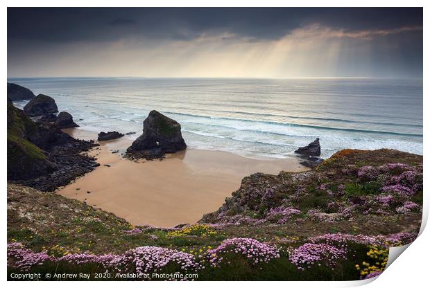 Shafts of light over the Bedruthan Steps Print by Andrew Ray