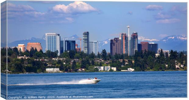 Bellevue Washington from Lake with Mountains Canvas Print by William Perry