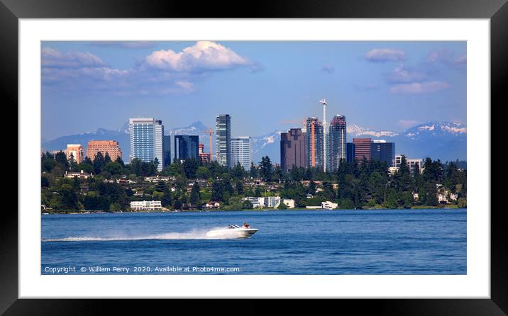 Bellevue Washington from Lake with Mountains Framed Mounted Print by William Perry