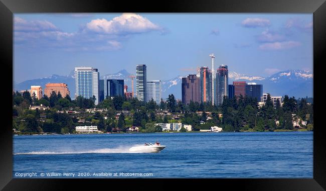 Bellevue Washington from Lake with Mountains Framed Print by William Perry