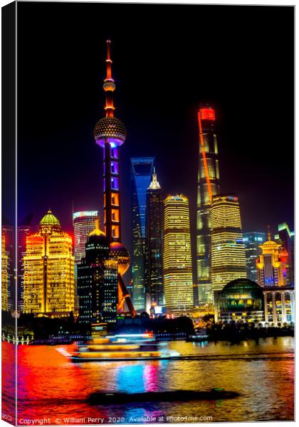 Pudong Skyscrapers Huangpu River Shanghai Night Canvas Print by William Perry