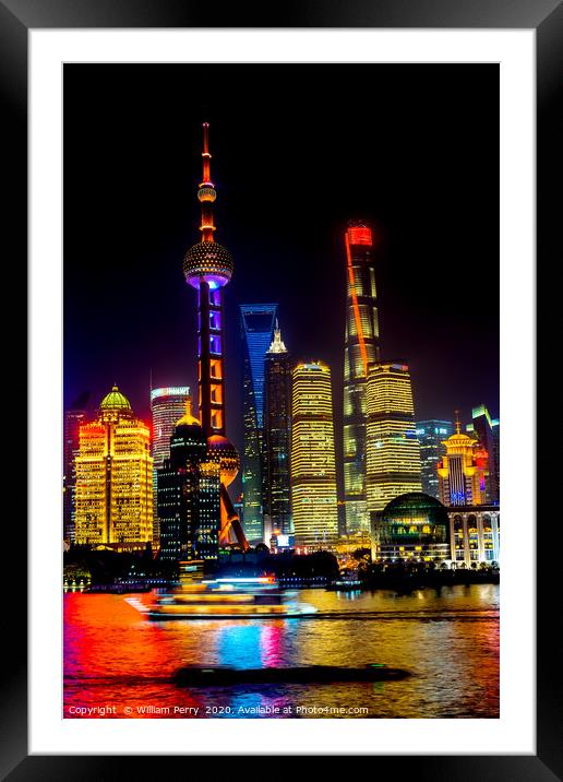 Pudong Skyscrapers Huangpu River Shanghai Night Framed Mounted Print by William Perry