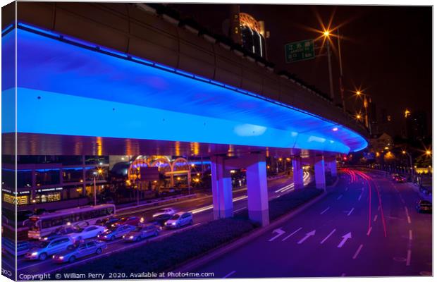 Blue Highway Night Shanghai China Canvas Print by William Perry