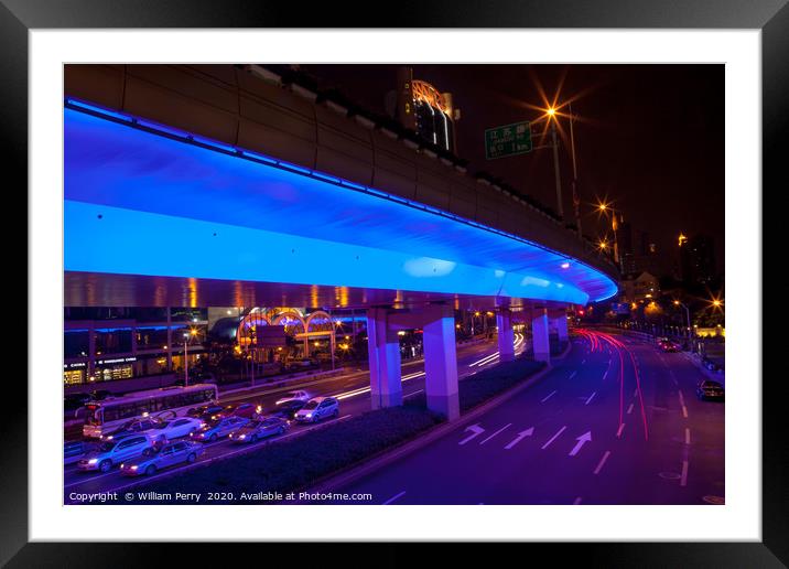 Blue Highway Night Shanghai China Framed Mounted Print by William Perry
