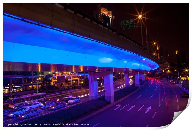Blue Highway Night Shanghai China Print by William Perry