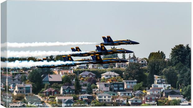 Blue Angels Close Flying Over Seattle Houses Washi Canvas Print by William Perry