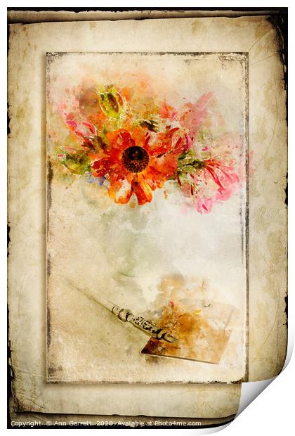 Flowers and Pen Print by Ann Garrett