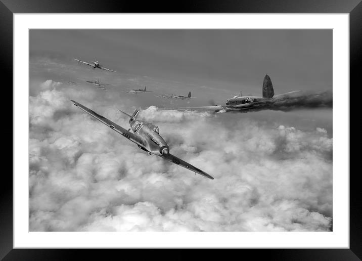 Hurricanes attacking Heinkel head-on B&W version Framed Mounted Print by Gary Eason