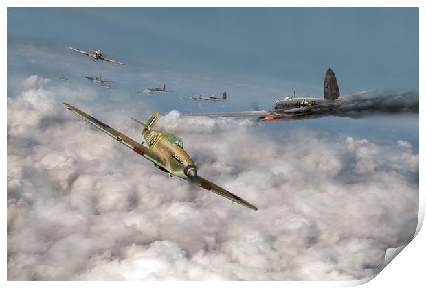 Hurricanes attacking Heinkel head-on Print by Gary Eason