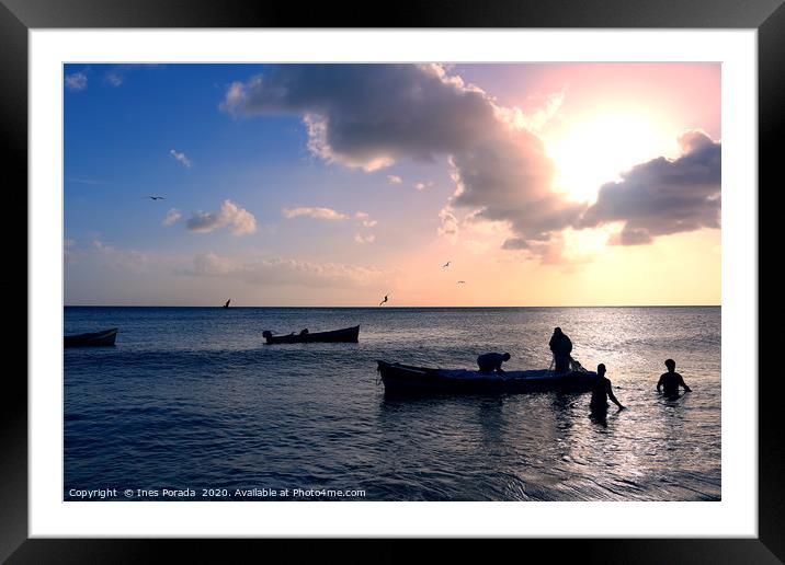 Caribbean fishermen at sunset Framed Mounted Print by Ines Porada