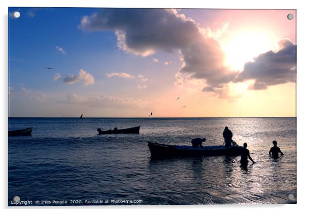 Caribbean fishermen at sunset Acrylic by Ines Porada