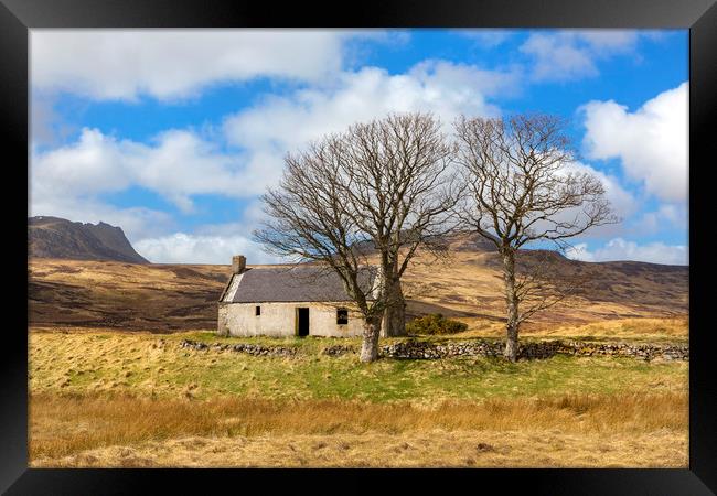 Highland cottage with trees Framed Print by David Hare