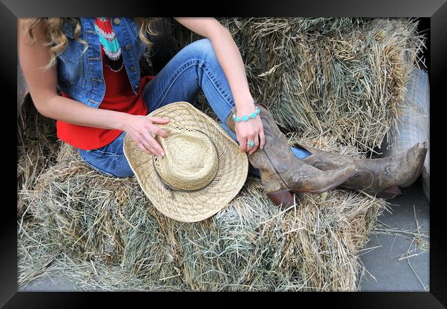 Cowgirl on haystacks. Framed Print by Dr.Oscar williams: PHD