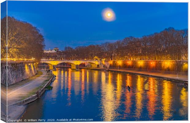 Moon Night Tiber River Rome Italy Canvas Print by William Perry