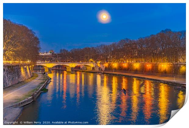 Moon Night Tiber River Rome Italy Print by William Perry