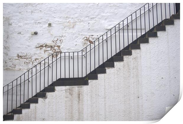 Black stairs on white wall Print by Theo Spanellis