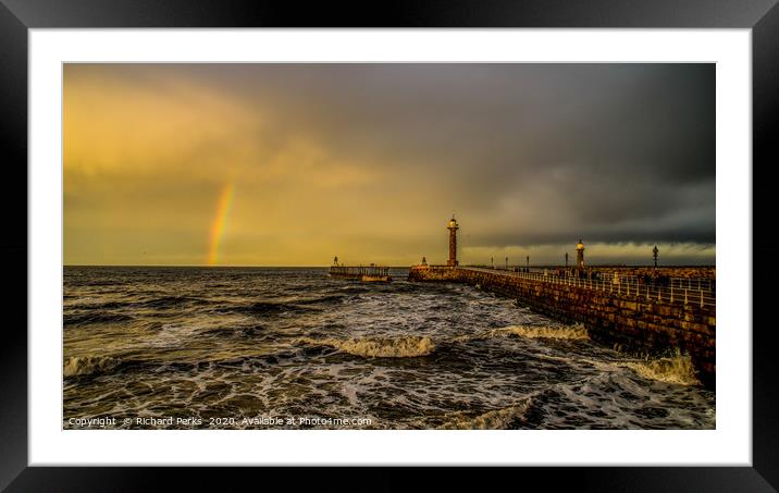Rainbow`s end at Whitby Pier Framed Mounted Print by Richard Perks