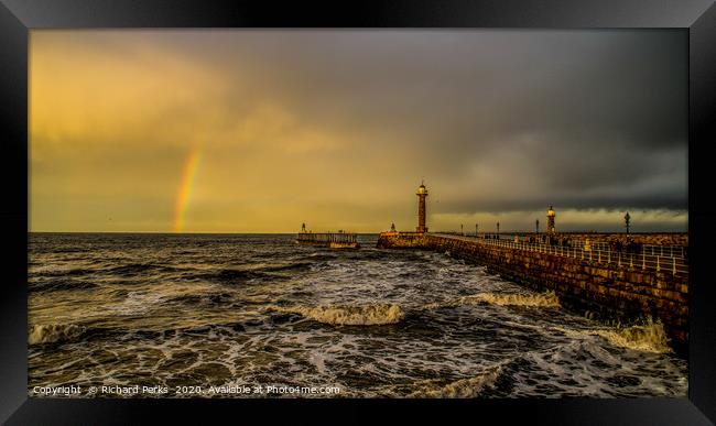 Rainbow`s end at Whitby Pier Framed Print by Richard Perks