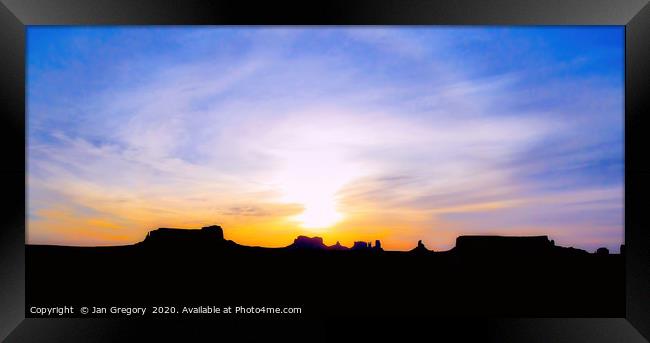 Sunset in Monument Valley Framed Print by Jan Gregory