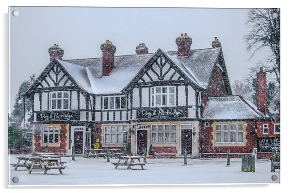 The Dog & Partridge Pub in the Snow Acrylic by Dave Williams