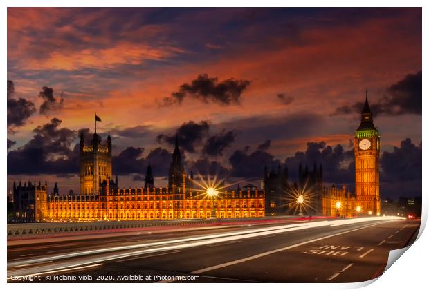 Nightly view from London Westminster  Print by Melanie Viola