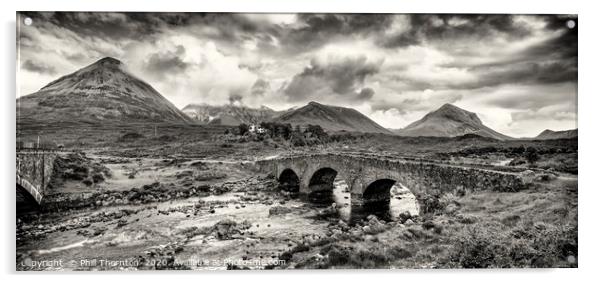 Red Cuillin mountain range and Sligachan old bridg Acrylic by Phill Thornton