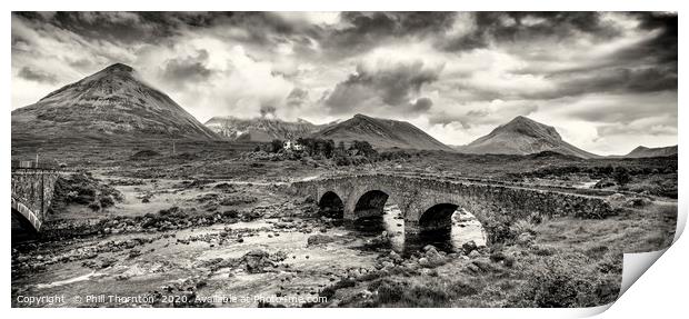 Red Cuillin mountain range and Sligachan old bridg Print by Phill Thornton