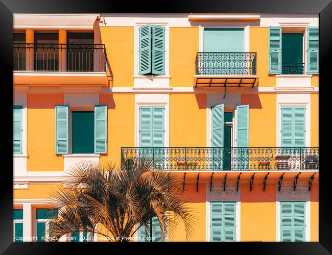 Charming Houses, Cannes City, Orange and Teal Framed Print by Radu Bercan