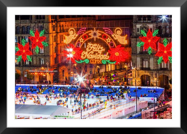 Mexico City Zocalo Christmas Night Ice Skating Rin Framed Mounted Print by William Perry