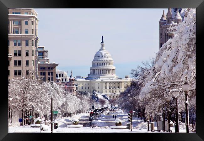 US Capital Pennsylvania Avenue After Snow Washingt Framed Print by William Perry