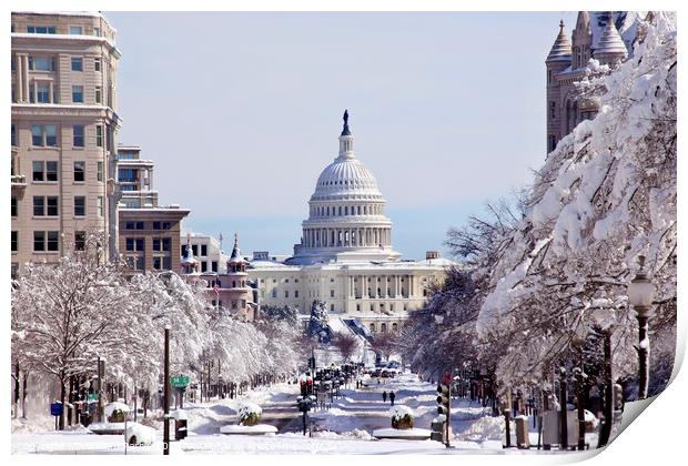 US Capital Pennsylvania Avenue After Snow Washingt Print by William Perry
