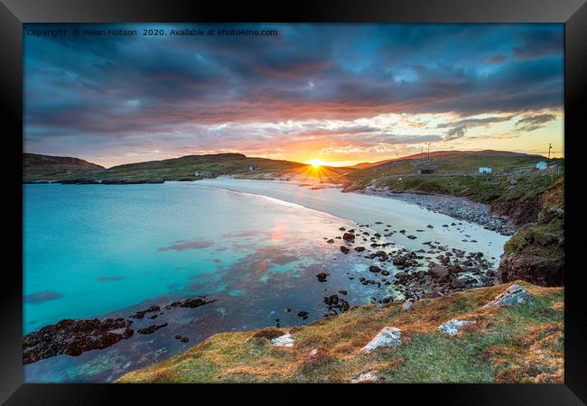 Sunset over the beach at Hushinish on the Isle of  Framed Print by Helen Hotson