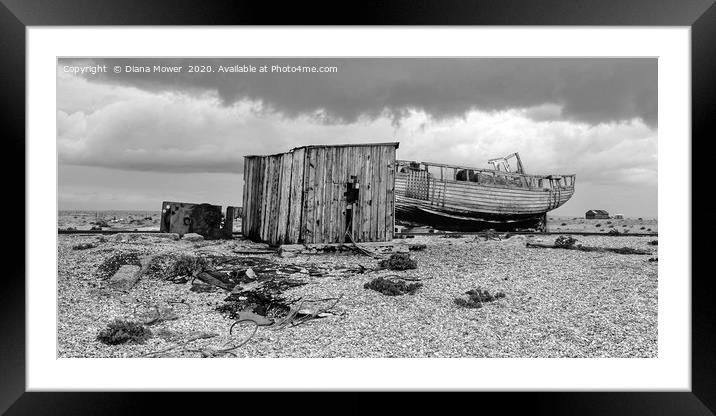 Stormy Dungeness Kent monochrome Framed Mounted Print by Diana Mower