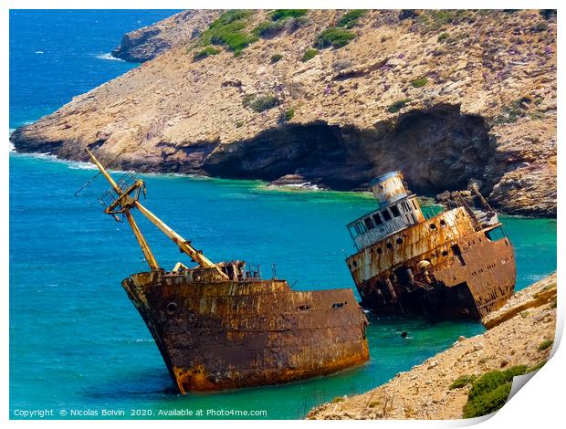 Olympia Shipwreck near Kalotaritissa beach Print by Nicolas Boivin