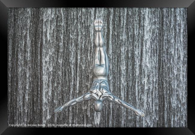 Dubai Mall fountain with flying diver sculptures Framed Print by Nicolas Boivin