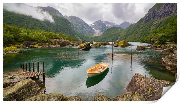 Boat in a lake close to  Buerbreen Glacier, Norway Print by Pere Sanz
