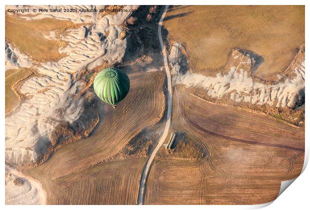 Air balloon landing over grow fields Print by Pere Sanz
