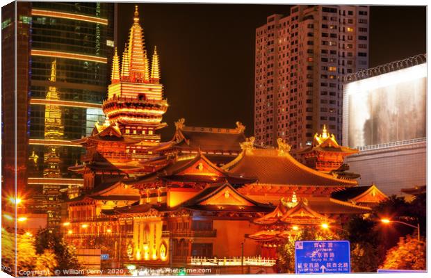 Golden Jing An Temple Shanghai China Night Canvas Print by William Perry