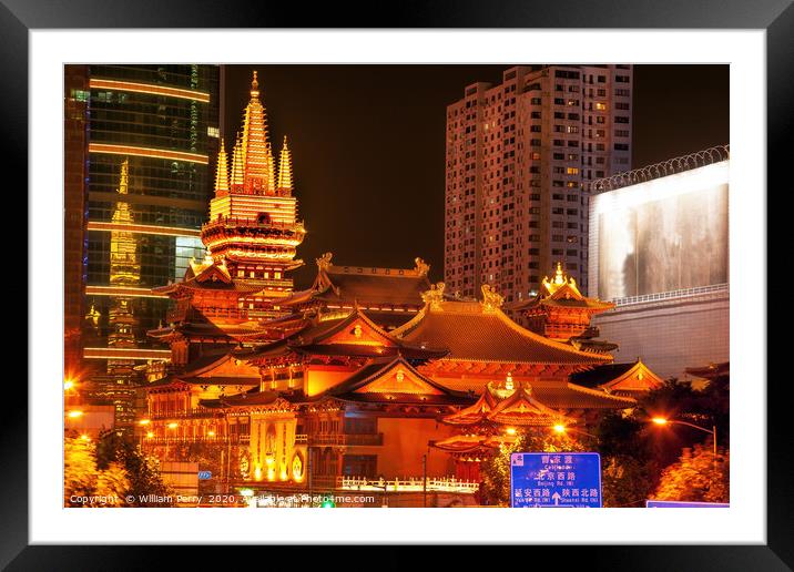 Golden Jing An Temple Shanghai China Night Framed Mounted Print by William Perry