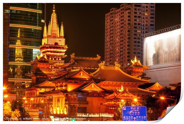 Golden Jing An Temple Shanghai China Night Print by William Perry
