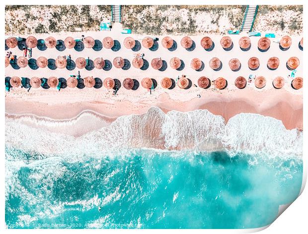 Aerial Ocean, Blue Sea And Beach, Round Umbrellas Print by Radu Bercan