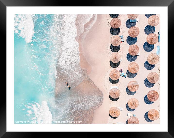 People Umbrellas On Beach, Aerial Beach, Sea Print Framed Mounted Print by Radu Bercan