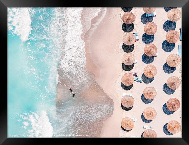 People Umbrellas On Beach, Aerial Beach, Sea Print Framed Print by Radu Bercan