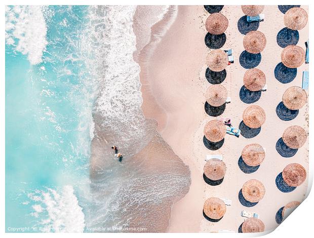 People Umbrellas On Beach, Aerial Beach, Sea Print Print by Radu Bercan