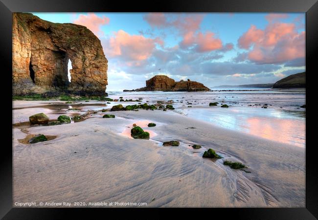 Perranporth Arch at sunrise Framed Print by Andrew Ray