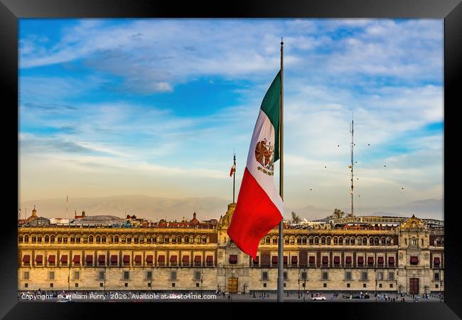 Mexican Flag Presidential Palace Mexico City Mexic Framed Print by William Perry