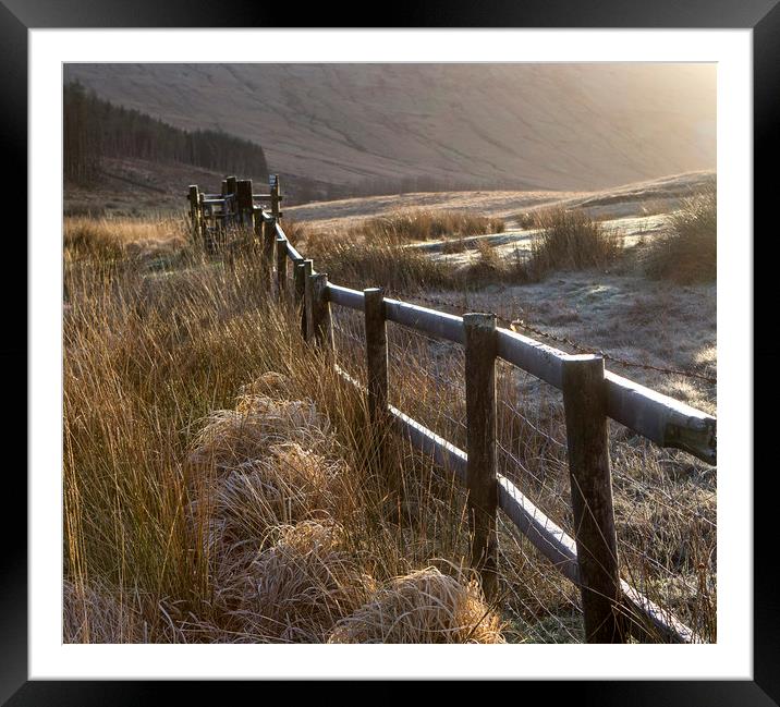 Fence on a frosty morning in the Brecon beacons Wa Framed Mounted Print by Jenny Hibbert