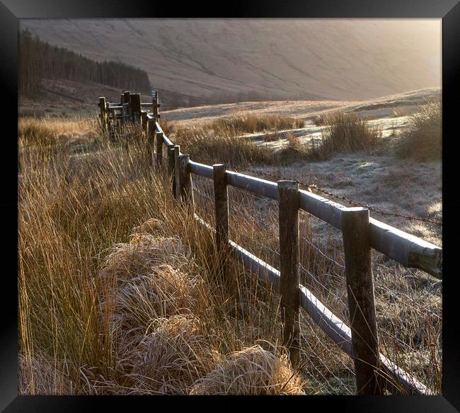 Fence on a frosty morning in the Brecon beacons Wa Framed Print by Jenny Hibbert